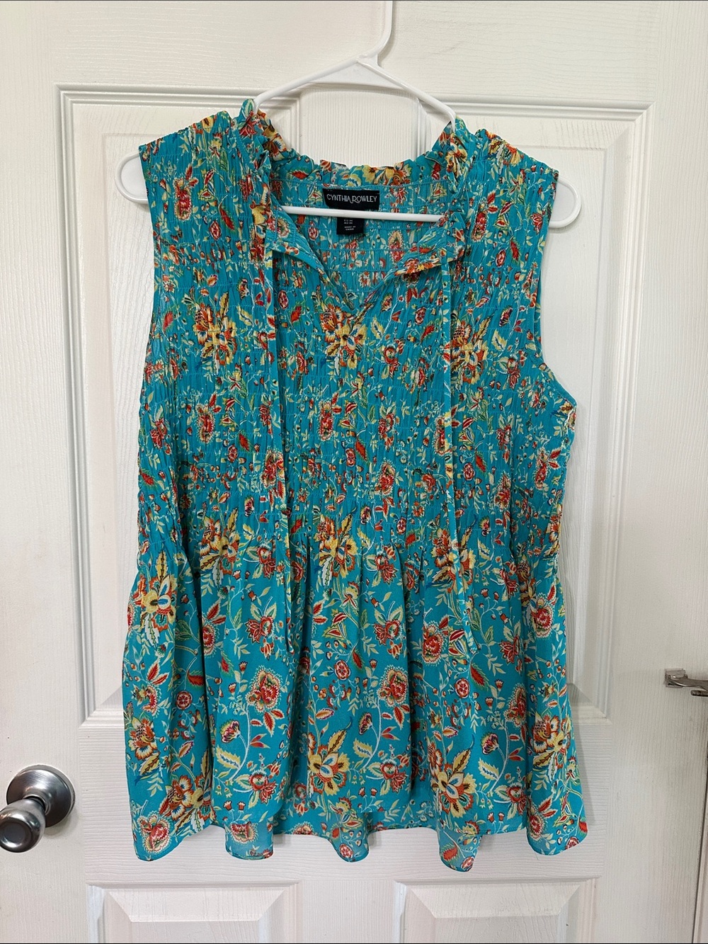 Cynthia Rowley Turquoise Floral Smocked Sleeveless Tunic